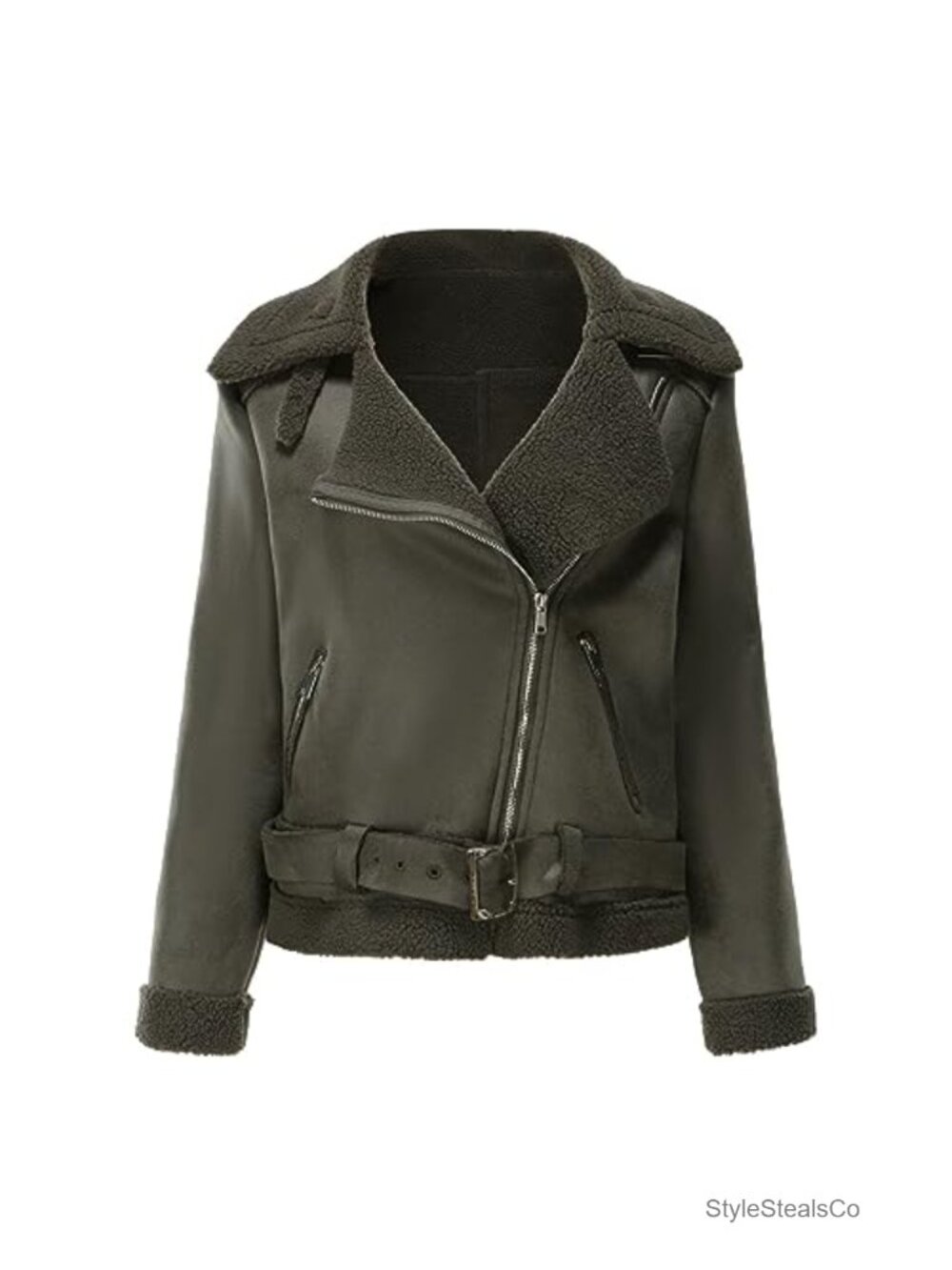 Faux Suede Sherpa Lined Moto Jacket Cropped Winter Coat